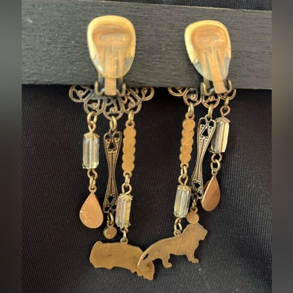 Vintage Banana Bob Bronze Lion/Iridescent/Yellow Stone Dangle Clip On Earrings - Picture 7 of 11